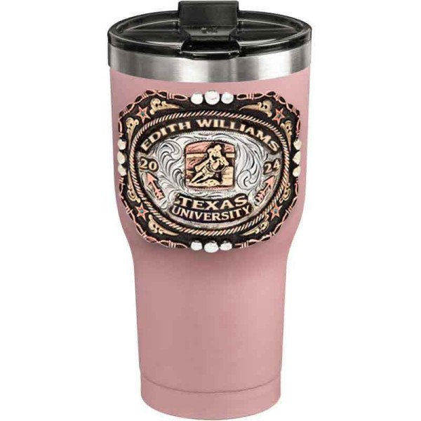 A customized tumbler made of stainless steel with a personalized engraved name and Texas University lettering with barrel racing figure, 30 oz, ideal for coffee or cool drinks